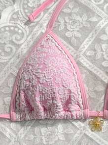 Swim Mod Summer Holiday Special Texture Gold Flower Decor Halter Triangle Cup Sexy Swimwear Top - Pink - View 3