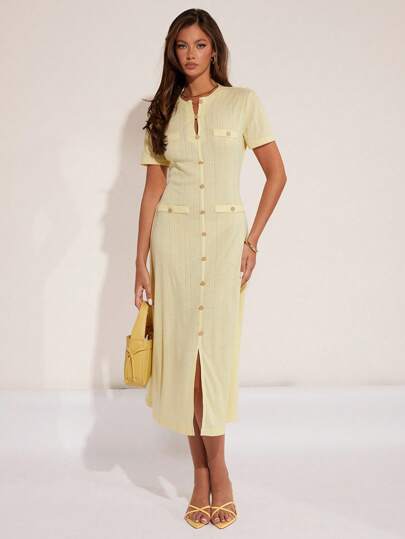 COSMINA Women Elegant Vacation Metal Button Decoration Midi & Short Sleeve Dress, Spring/Summer Business Casual Woman Women Summer Clothes Dress Women Clothes, Bodycon Dress