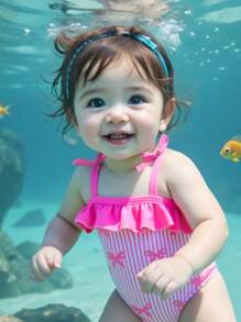 Newborn Girls Swimwear One-Piece Swimsuit For Newborn Girls Spaghetti Strap Bow Trim Swimsuit Knitted Polyester Digital Print Bow Pattern Swimsuit Plus Hat Cute Seaside Swimsuit For Newborn Girls