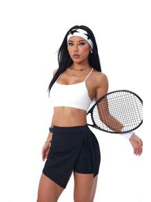 Easithlete Solid Color Criss-Cross Asymmetric Hem Wrap Around Sports Skirt Pants - Black - View 4