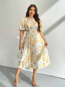 Firerie Plus Size Women Floral Print Puff Sleeve Short Sleeve Long Maxi Dress, Yellow Floral Pattern, Suitable For Beach, Date, Valentine's Day, Music Festival, Party, Wedding, Sexy, Elegant, Commute, Back To School, Vacation, Romantic Women Short Dresses Summer Women Summer Clothing Work Summer Dresses Woman S Summer Clothes Women Plus Sun Dress,Sun Dresses For Women,Sundress