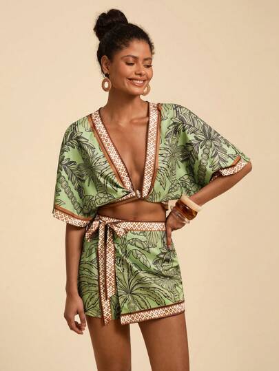 Travachic 2pcs Vintage Style V-Neck Crop Top & Mini Skirt Set For Women,Women Summer Sets,Suitable For Vacation, Resort Wear For Women, Beach Outfits For Woman Resort Wear, Women's Floral Print 2pcs,Two Pieces Set Women,Vacation,Woven Printed Spaghetti 2PCS,Suitable For Holiday Date, Afternoon Tea, Wedding Season, Beach Cruise Vacation, City Road Trip Vacation, Boho Vacation, Music Festival ,Elegant Clothes For Women