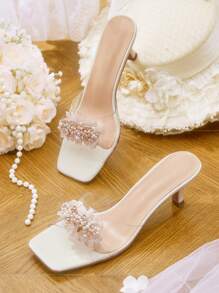 CUCCOO HITCHD Women's Flash Rhinestone Pearl Beaded Square Toe Low Kitten Heels Elegant Romantic White Transparent PVC Dress Shoes, Bridal Wedding High Heels Sandals, Chic For Formal Events, Parties And Weddings - Beige - View 1