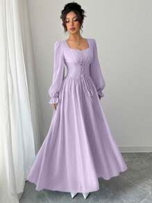 Modelyn 女士优雅法式时尚荷叶边袖高腰连衣裙 - 紫色 - 查看 4