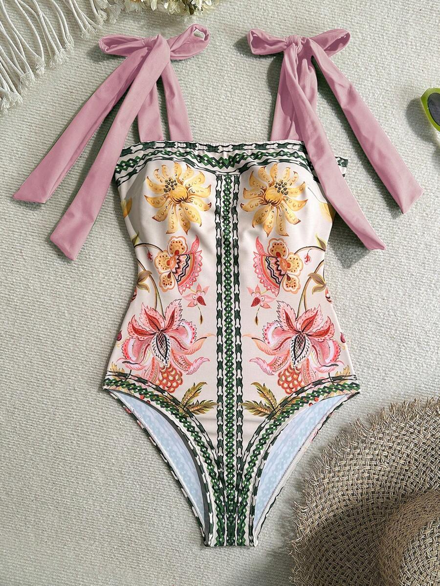 Soleia 女士热带花卉印花吊带交叉蝴蝶结连体泳衣,适合海滩 - 粉色 - 查看 1