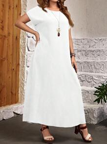 EMERY ROSE 大码女式休闲简约日常度假纯色圆领宽松短袖连衣裙 - 白色 - 查看 5