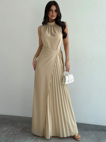 Firerie Women's New Apricot Sleeveless Waist Pleated Hem Long Dress, Elegant Commuter Dress, Waist A-Line Dress, Small Stand-Up Collar Dress, Apricot Dress, Spring, Summer And Autumn Clothing, Commuting, Elegant, Mother's Day, Teacher's Day, Work Clothing,Graduation,Teacher Outfits For Women,Teacher Dress