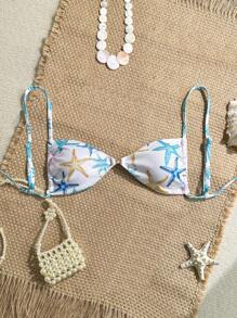 Sweetra Sweetro 夏季假期随机图案罗纹纹理面料细肩带金色珍珠装饰性感抹胸泳衣上衣 - 彩色 - 查看 1