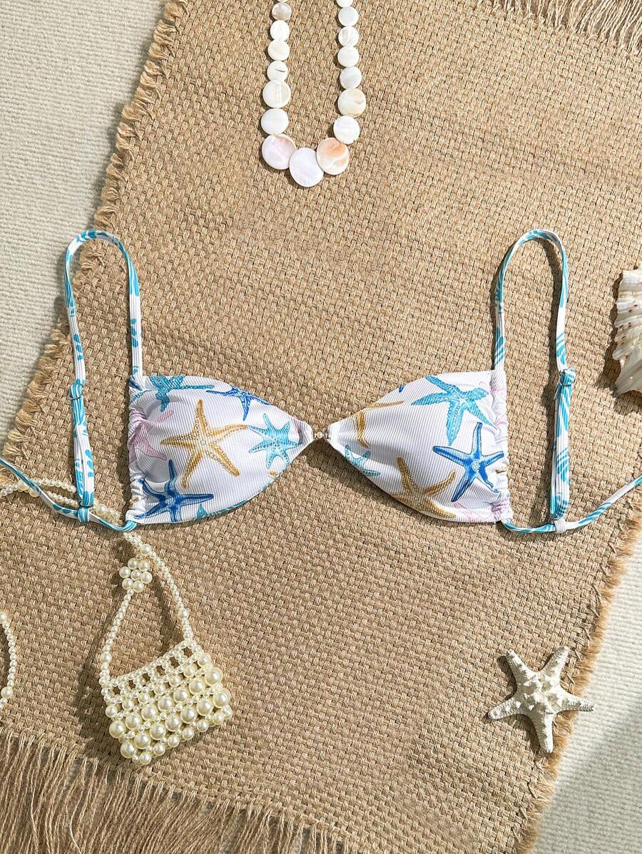 Sweetra Sweetro 夏季假期随机图案罗纹纹理面料细肩带金色珍珠装饰性感抹胸泳衣上衣 - 彩色 - 查看 1