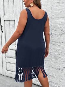 SHEIN VCAY 大码夏季沙滩度假无袖拼接流苏针织蓝色连衣裙 女式大码太阳裙 女式短裙 夏季女装 夏季服装 女装，女士太阳裙，太阳裙 - 藍色 - 查看 2