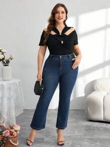 Modelyn Plus Size Asymmetrical Design Twist Knot Metal Button Fitted Elegant T-Shirt, Spring/Summer - Black - View 6