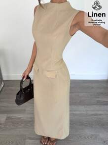 SHEIN Essnce Women Summer Breathable Two Pieces Set With Sleeveless Shirt & Slit Skirt | Business Casual Elegance, Old Money Aesthetic, 2025 Summer - Khaki - View 3
