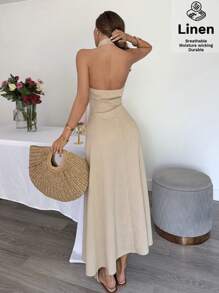 Siren Gaze Đầm mùa hè màu trơn chất liệu vải lanh pha, đầm thường ngày thanh lịch, đầm dự tiệc thắt nơ, đầm dự tiệc trang trọng cho nữ, đầm dài mùa hè cho nữ, đầm sinh nhật, đầm công sở, đầm thường ngày cho nữ, quần áo nữ, đầm sinh nhật mùa hè, đầm dạ hội sang trọng - Màu be - Xem 4