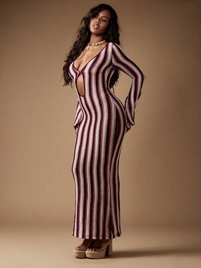 MISSGUIDED Retro Stripe Knit Bodycon Midaxi Cut Out Front Women Long Dresses ｜MISSGUIDED