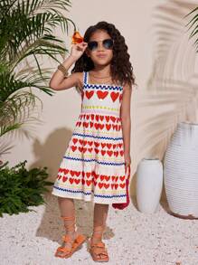 3 件套年轻女孩休闲度假吊带心形印花 A 字形拼接连衣裙，母子装（单独出售） - 彩色 - 查看 6