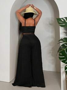 SHEIN CURVE+ 大码女式纯色吊带背心和阔腿裤休闲两件套 - 黑色 - 查看 2