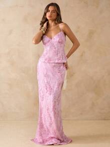 SHEIN BAE Solid Color Sequined Camisole Tank Top For Women, Backless Camisole, Floral Print Camisole, Backless Crop Top For Beach Vacation, Summer