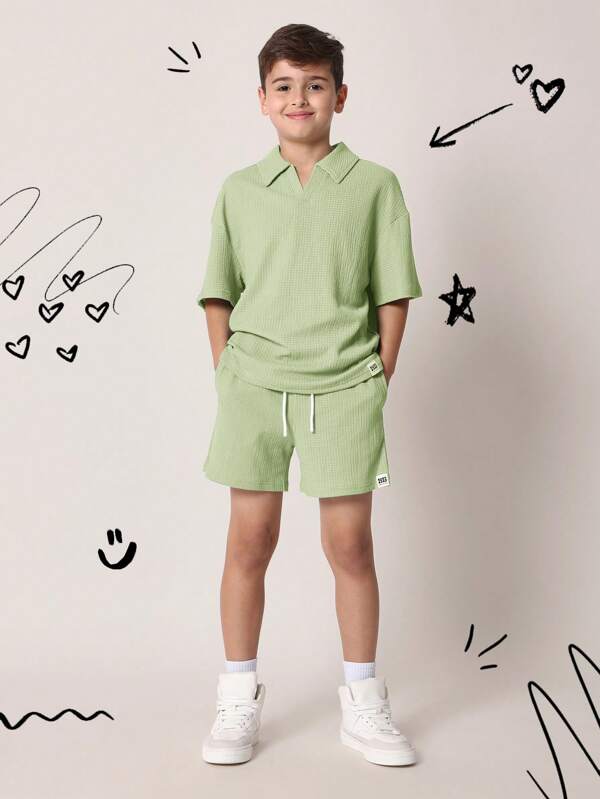 SUMWON Textured Waffle Knit Polo Shirt Shorts Set Summer Spring Casual Weekend Athletic Loungewear Co-Ord Outfit Activewear Set
