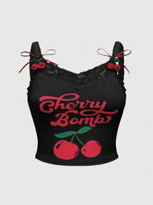 ROMWE Kawaii Plus Size Women's Casual Lustful Cherry Print Lace Splice Spaghetti Strap Cherry Decor Camisole - Black - View 1