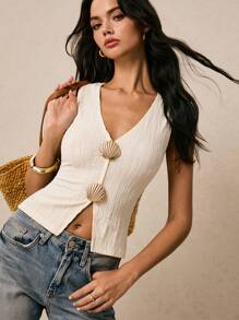 Poéselle 时尚V领金属扣装饰女士吊带背心，适合夏季 - 杏色 - 查看 4