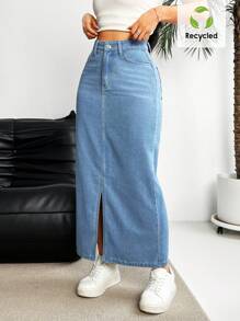 SHEIN Essnce 牛仔A字裙，纯色，时尚，适合夏季 - 藍色 - 查看 4