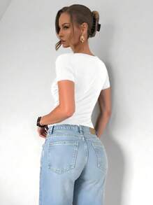 Roylia Women's Plain Minimalist Asymmetrical Shoulder Asymmetrical Hem Short Sleeve Bodycon T-Shirt - White - View 2