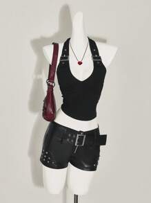 SHEIN ICON Women's Black Backless Deep V-Neck Tank Top With Adjustable Spaghetti Strap