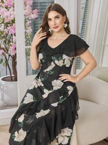 Modelyn Plus Size Floral Laser Cut Ruffle Trim Dopasowana sukienka mini z szyfonu, swobodna wiosna/lato - Wielokolorowe - Zobacz 3