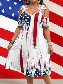 SHEIN LUNE Plus Size Star & Stripe American Flag Pattern Lace Trim Short Sleeve Dress, Spring/Summer - White - View 1