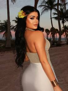 SHEIN SXY 春夏纯绿色性感露背吊带背心，百搭无袖上衣，适合音乐节、约会、聚会、派对、生日、海岛度假、度假 - 杏色 - 查看 3