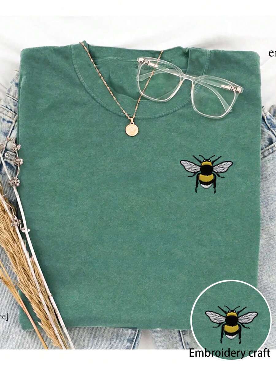 INAWLY Embroidered Bee Shirt, Bee T-Shirt, Gardener's Shirt, Spring Shirt, Save The Bees T-Shirt, Gifts For Bee Lovers, Beekeeper's Gifts, Bumblebee Shirt, Women's T-Shirt - Cadet Blue - View 1
