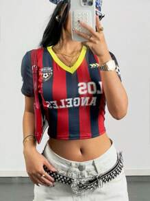 SHEIN Tween Girls Spring/Summer Sport Letter Striped Print Cropped Slim Fit Football T-Shirt