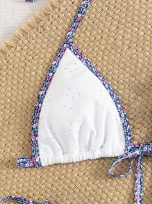 Swim Mod 2pcs Ditsy Floral Embroidery Knot Front Bikini Set, Fresh Ditsy Floral Pattern, Vacation Style, Summer