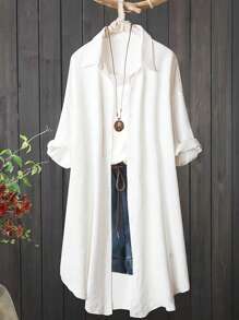 SHEIN Tall CURVE 大码女款大码白色落肩长衬衫，时尚，适合春夏茶会装 - 白色 - 查看 1