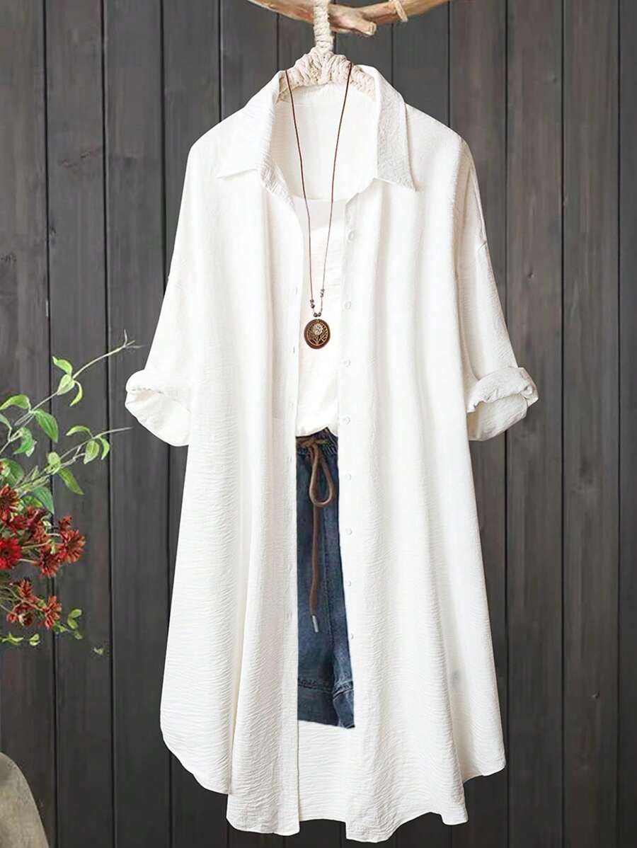 SHEIN Tall CURVE 大码女款大码白色落肩长衬衫，时尚，适合春夏茶会装 - 白色 - 查看 1