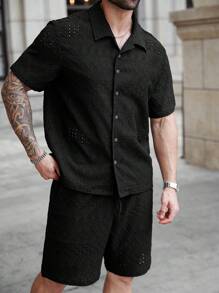 Manfinity Homme Plus-size heren effen kleur korte mouwen enkelrijs overhemd en shorts casual pak