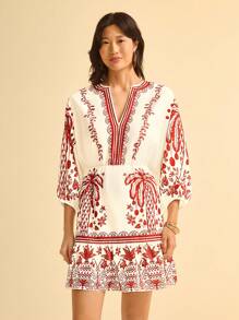 CAJUNI Women's Boho Tropical Holiday Plant Coconut Tree Red Print, Detachable Collar 3/4 Puffy Sleeve Mini Dress - Multicolor - View 3