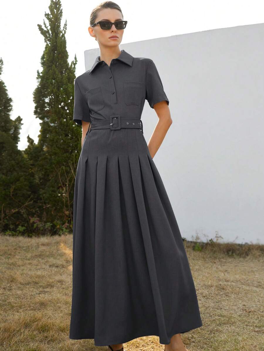 学院风短袖 Polo 领拼接褶皱长裙，女士休闲通勤返校装 - 黑色 - 查看 1