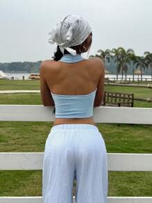 SHEIN EZwear 女式休闲简约浅蓝色露背短款修身背心，夏季 - 淺藍色 - 查看 2