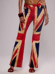 MUSERA Low Rise Asymmetric Waist Fitted Flare Union Jack Trouser Spring, Summer, Holiday, Festival, Rave, Grunge, Cool Girl, Y2K