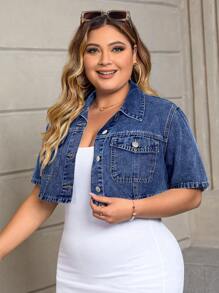 SHEIN SXY Plus Size Plain Pocket Front Button Casual Short Sleeve Denim Shirt Women Plus Clothing Formal Women Clothes Women Summer Shirts Summer Clothes Women Casual Dress - Dark Wash - View 6