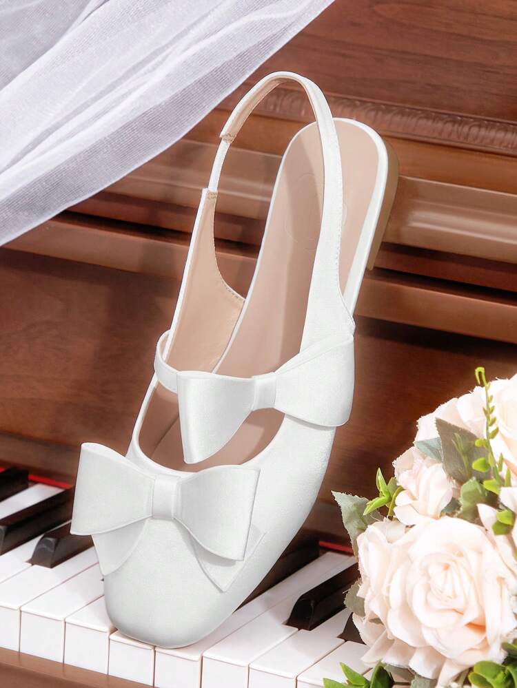CUCCOO HITCHD Women's New Arrival Summer Bowknot Square Toe Flat Shoes, Sweet Elegant Romantic White Satin Wedding, Bridesmaid, Bridal, Tea Party, Date, Graceful Outfit, Wedding Season