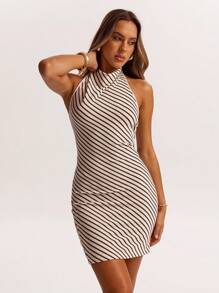 SHEIN BAE Women's Elegant Brown Striped Off-Shoulder Draped Short Dress With A Collar, Suitable For Daily Commuting Wear, Women's Vacation Wear For Going Out, Summer Vacation Wear/Honeymoon Outfits Woman/Business Casual Woman/Old Money Style Women