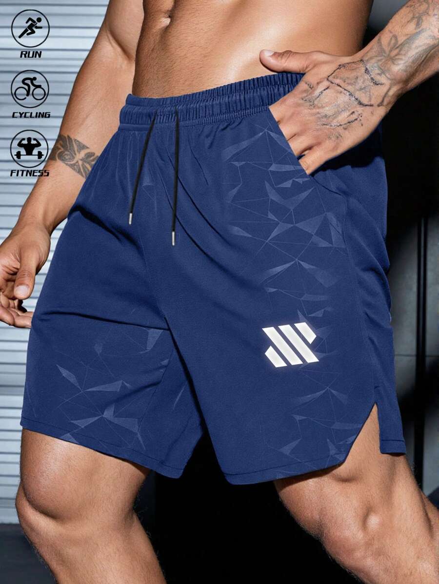 Gym Rark 男士抽绳腰部口袋图案印花运动短裤，适合夏季健身服跑步短裤 - 藍色 - 查看 1
