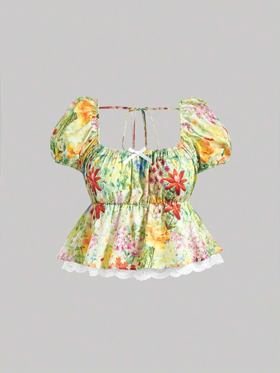 SHEIN MOD ملابس علوية النساء كبير الحجم بطباعة زهور متناثرة للإصدار الصيفي، توب بابيدول بطباعة تصميم الرسم الزيتي الأصفر على طراز فان جوخ