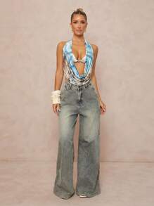 Lumalex 女式串珠印花图案修身时尚泳衣上衣，度假沙滩装 - 白色 - 查看 3