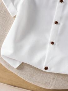 SHEIN 1pc Tween Boys Stand Collar Gentlemen Style Plain Blue Versatile Casual Short Sleeve Shirt, Spring/Summer Summer Holiday - White - View 6