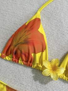 Soleia 3pcs/Set New Vacation Knitted Mesh Yellow Patterned Swimsuit Set - Multicolor - View 4