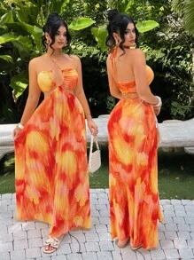 SHEIN SXY Đầm chống nắng xếp ly màu cam hoặc nhiều họa tiết - trái cam - Xem 3