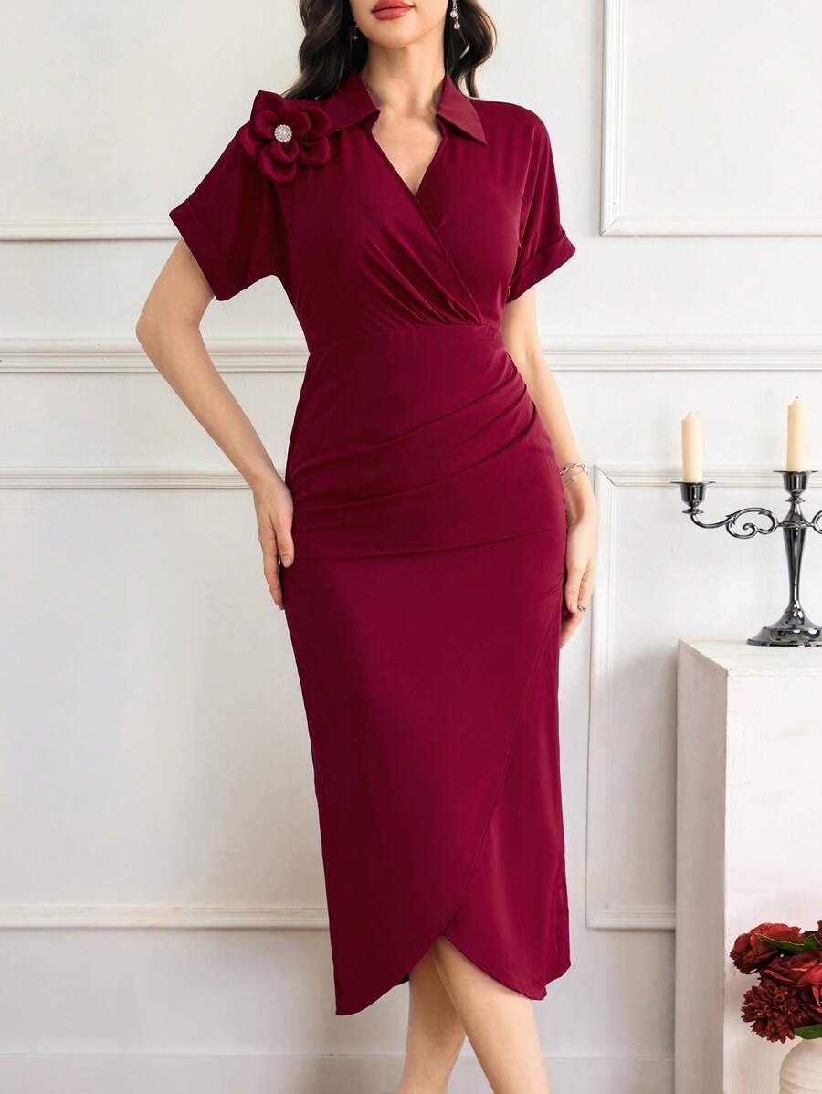 Modelyn Women's Solid Color Applique Elegant Ruffle Short Sleeve Dress Women's Solid Color Crew Neck Short Sleeve Fitted Waist Dress - Red - View 1